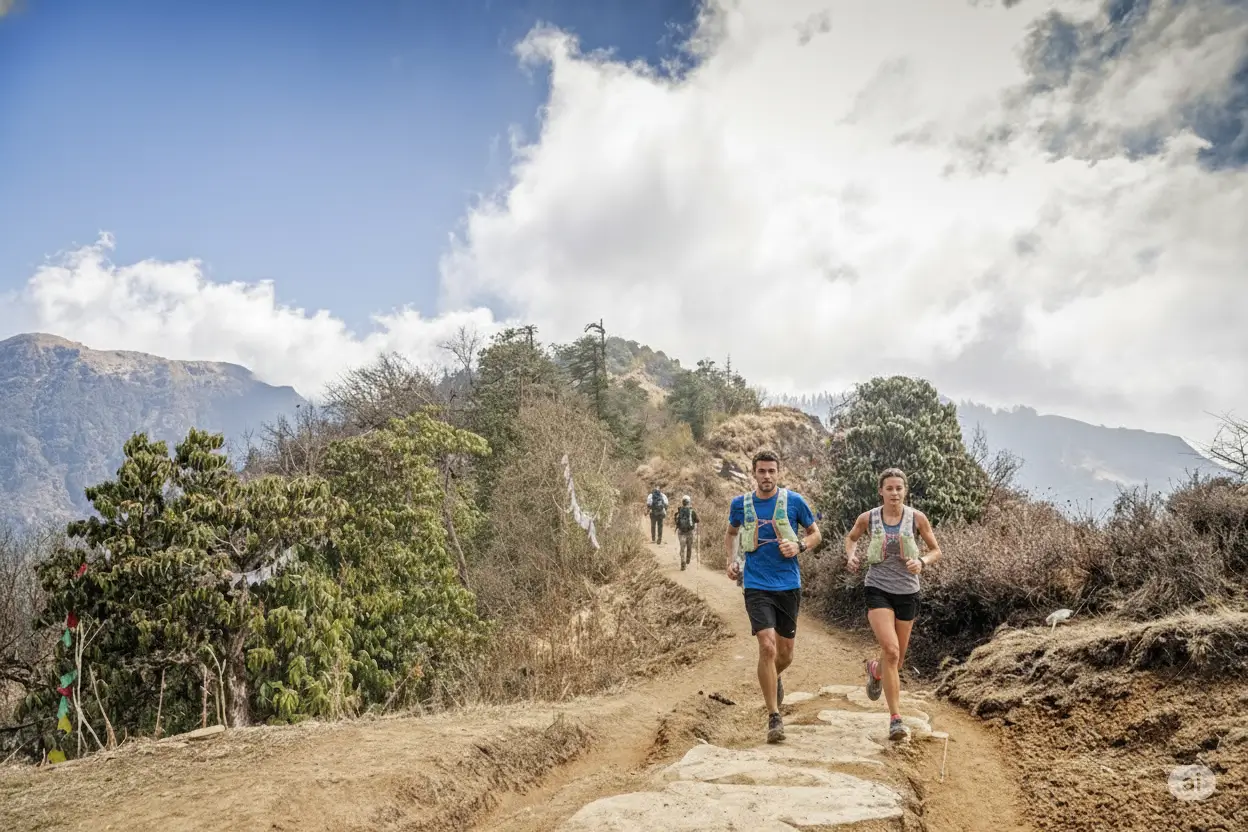 trail running on the mountain trail of Annapurna region.